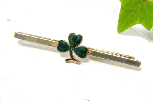 【クローバー・モチーフ・三つ葉】お洒落なヴィンテージ・タイピン・タイクリップ・グリーン×ゴールド