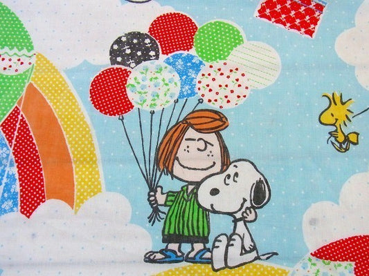 【スヌーピー&ベル】レインボー&気球柄・ヴィンテージ・USEDフラットシーツ(1/2) USA