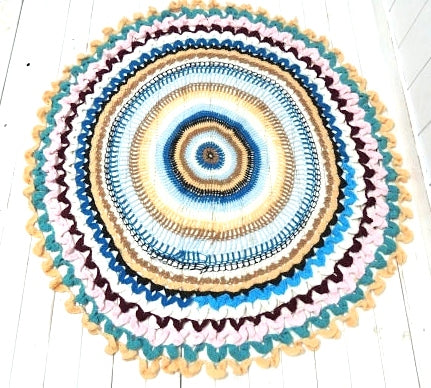 カラフルな手編みニット・ヴィンテージ・ラウンドブランケット/ひざ掛け/マット USA