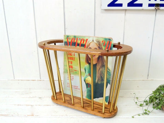 ミッドセンチュリー ウッド×ゴールド×メタル・ヴィンテージ・マガジンラック・マガジンスタンド