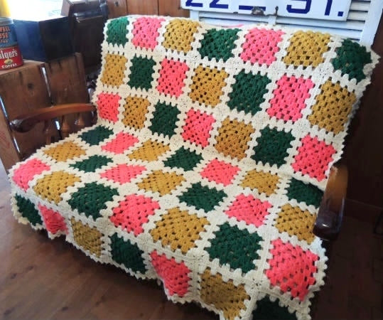 USA!モチーフ編み・アンティーク・ニットブランケット/グラニーブランケット/ハンドメイド