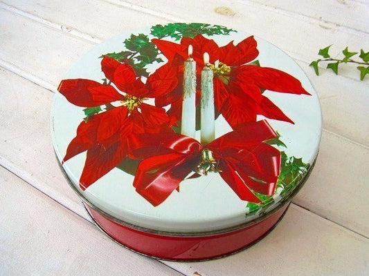 クリスマス ポインセチア&ヒイラギ&キャンドル柄 ヴィンテージ ティン缶 USA