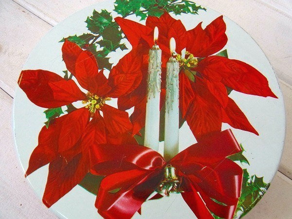 クリスマス　ポインセチア&ヒイラギ&キャンドル柄・ヴィンテージ・ティン缶 USA