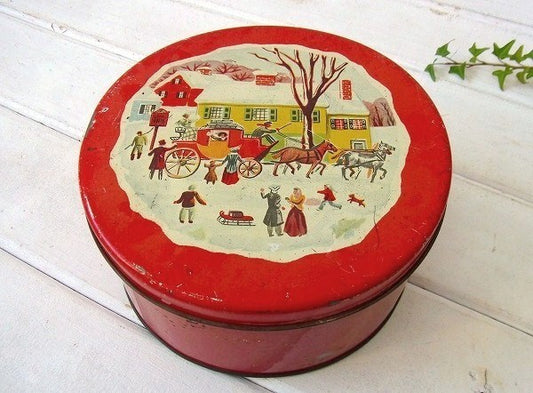 冬の街並み柄・フォークアート・アンティーク・ティン缶/小物入れ USA