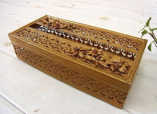 お花&鳥モチーフ・ゴールド色・ヴィンテージ・ティッシュケース/ティッシュボックス USA