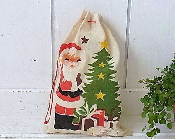 クリスマス・サンタ&ツリー柄・アンティーク・布製バッグ/袋 USA