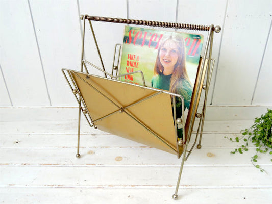 ミッドセンチュリー・ゴールドトーン・メタル製・ヴィンテージ・マガジンラック マガジンスタンド USA