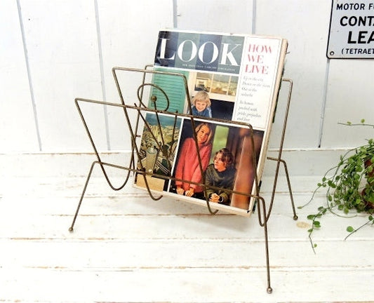 【ミッドセンチュリー】ゴールドトーン・メタル製・ヴィンテージ・マガジンラック・スタンド・インテリア