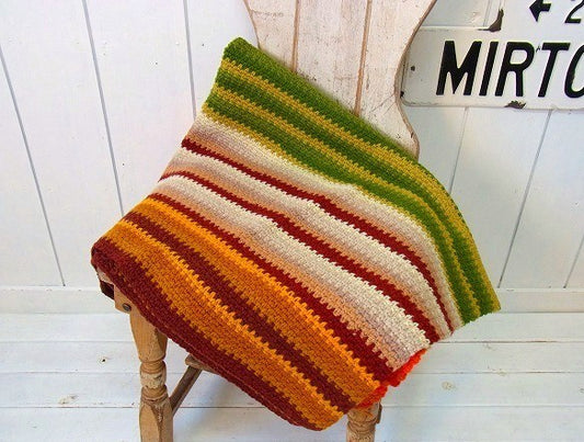 ハンドメイド・ヴィンテージ・ニット・ブランケット・手編み USA