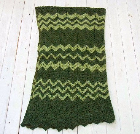 グリーン 波模様 大きな ヴィンテージ ブランケット ハンドメイド ひざ掛け USA