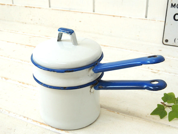 白×青・ホーロー製・2段式・アンティーク・ダブルボイラー　片手鍋　ソースパン USA