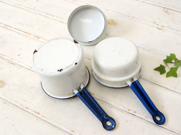 白×青・ホーロー製・2段式・アンティーク・ダブルボイラー　片手鍋　ソースパン USA