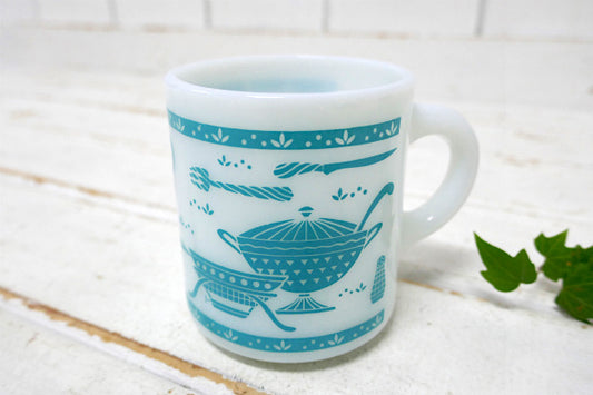 【ヘーゼルアトラス】キッチンツール柄・ターコイズ・ヴィンテージ・マグカップ・コーヒーカップ・食器