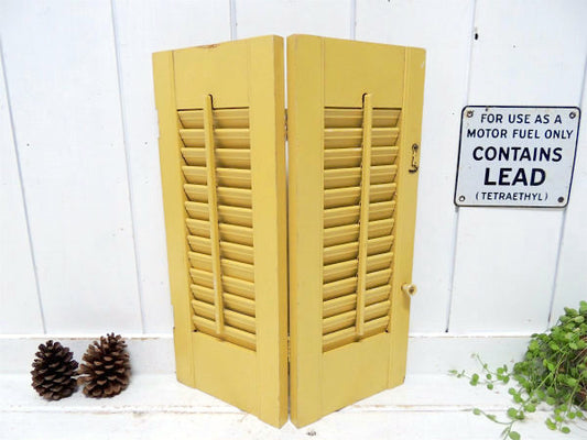 【クリームイエロー×シャビーな木製】アンティーク・ウッドシャッター/ルーバー/ヴォレー/建具