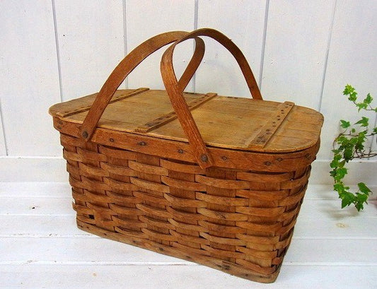 木製・アンティーク・ピクニック・バスケット/ウッドバスケット USA