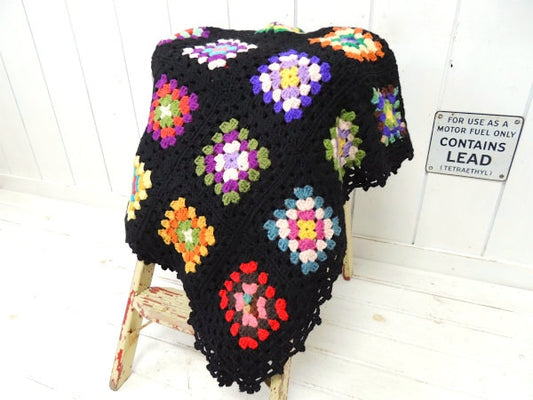 USA・手編みニット・モチーフ編み・グラニーブランケット/ハンドメイド/111×125㎝