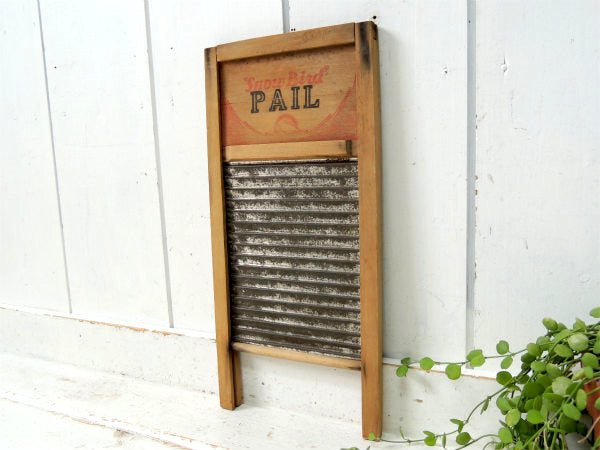 SnowBird PAIL★ 木製×金属 アンティーク ウォッシュボード 洗濯板 USA インテリア