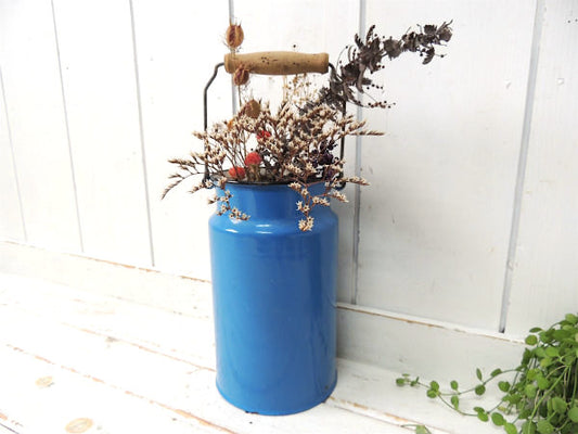 【ポーランド製】青色・木製ハンドル付き・アンティーク・ミルク缶/ミルクポット/POLAND