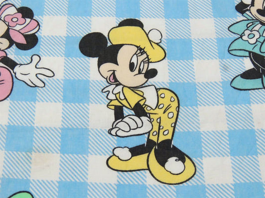 【ミニーマウス】ディズニー・カラフル&キュート・水色チェック柄・ヴィンテージ・USEDハーフシーツ