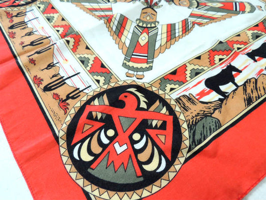ネイティブアメリカン・サンダーバード&サボテン柄・ヴィンテージ・バンダナ/ハンカチ USA
