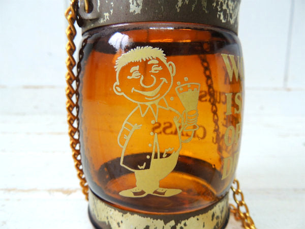 【BAR・バレル型】ロングチェーン付き・ヴィンテージ・アンバーグラス・タンブラー・花瓶・看板
