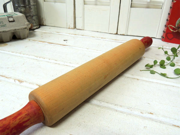 赤色ハンドル・木製・回転式・アンティーク・ローリングピン/めん棒 USA