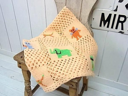 ハンドメイド・動物柄・ヴィンテージ・ニット・ブランケット/ひざ掛け USA