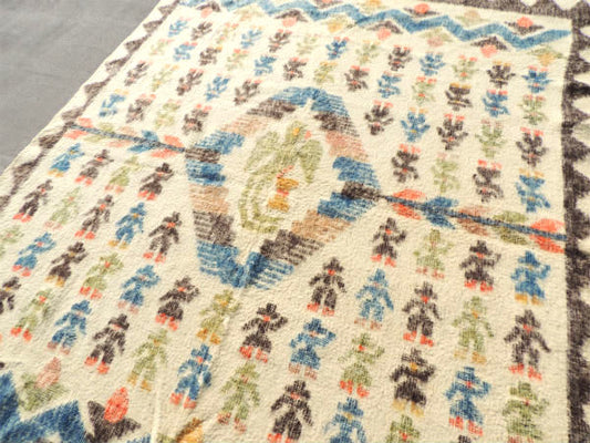 ネイティブ インディアン 鳥&人モチーフ・大判・ウール ラグマット・ヴィンテージ・ブランケット ラグ