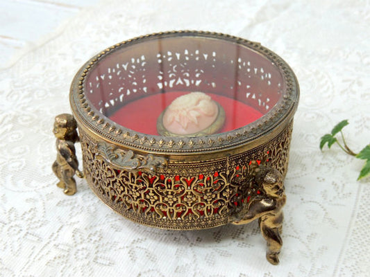 天使モチーフ・ベベルガラス・ゴールド・脚付き アンティーク・ジュエリーボックス・宝石箱 USA