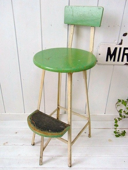 黄緑色の木製×スチール製・ステップ付き・アンティーク・チェア/ハイチェア/イス USA