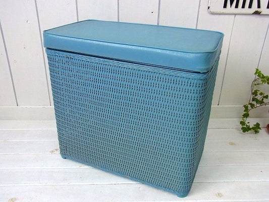 水色・ウィッカー編み・ヴィンテージ・ハンパー/洗濯カゴ/ランドリーボックス USA
