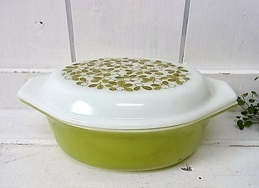 【PYREX】オールドパイレックス・オリーブ柄・オーバル・キャセロール