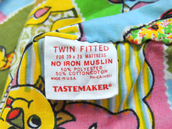 【レトロ可愛い動物柄×パッチワーク柄】ヴィンテージ・USEDボックスシーツ(ハーフサイズ) USA