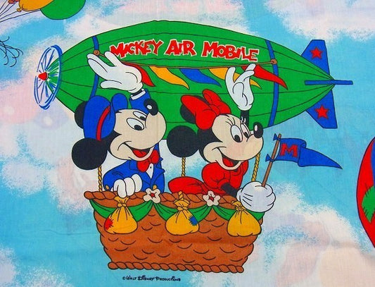 【ミッキー&フレンズ】ディズニー・飛行船・ヴィンテージ・ユーズドシーツ・フラットシーツ USA