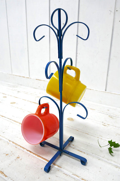 ブルー 青色 ヴィンテージ アイアン製 マグツリー マグカップホルダー 6脚用 キッチン雑貨
