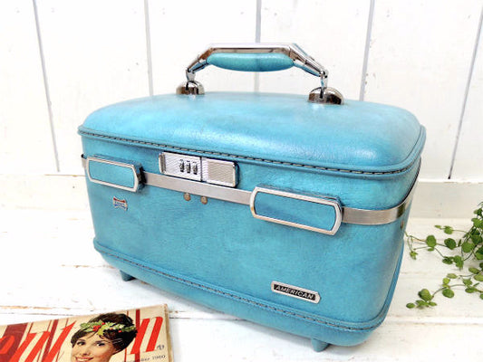 【アメリカンツーリスター】ダイアルロック付き・水色・ヴィンテージ・2段メイクボックス/コスメボックス