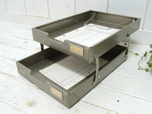 【LION】工業系・メタル製・2段可動式・ヴィンテージ・書類トレイ・デスクトレイ・ファイルトレイ