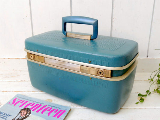 Samsonite サムソナイト・幾何学模様・水色・ヴィンテージ・メイクボックス・コスメボックス