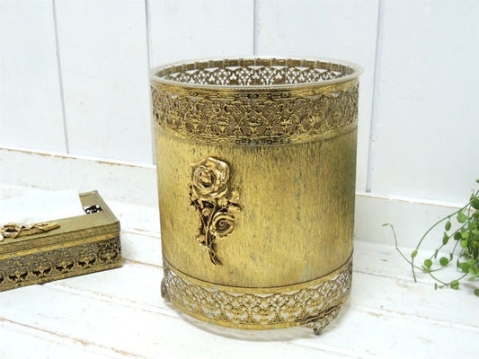 薔薇モチーフ・透かしデザイン・ゴールド色・ヴィンテージ・ゴミ箱・ダストボックス・トラッシュカン