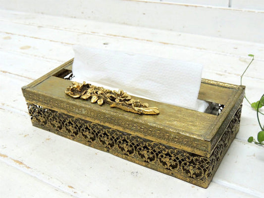 薔薇モチーフ・ゴールド色・透かしデザイン・ヴィンテージ・ティッシュケース・ティッシュボックス