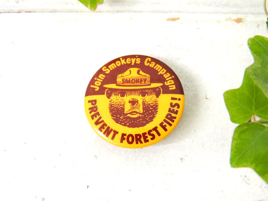 【スモーキーベア】黄色×茶色・ヴィンテージ・缶バッジ・US・アクセサリー