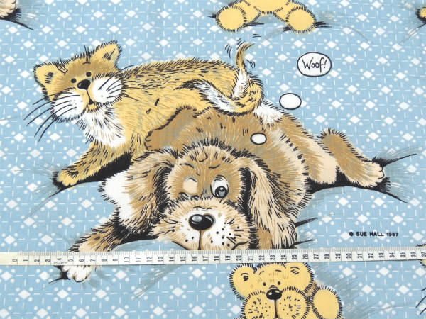 【SUE HALL 1987】犬&ネコのイラスト柄・ヴィンテージ・ユーズドシーツ(1/2) USA
