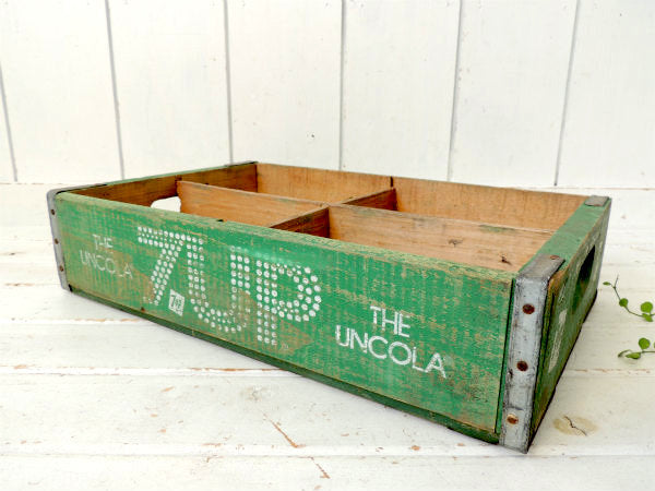 【7up】セブンアップ・ドリンク・緑色・仕切り付き・70'ヴィンテージ・木箱/ウッドボックス USA