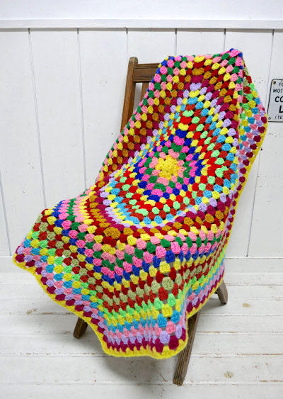 カラフル・手編みニット・正方形・ヴィンテージ・ブランケット・ひざ掛け・キャンプ・アウトドア USA