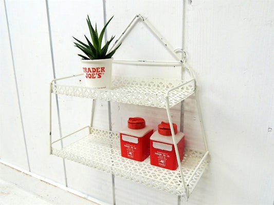『幾何学模様・ホワイト】ワイヤー製・ヴィンテージ・2段シェルフ/ウォールシェルフ/飾り棚 USA