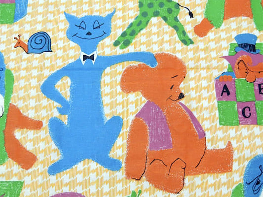 手描きアニマル柄 千鳥格子 デッドストック ヴィンテージ ファブリック 生地 テキスタイル USA