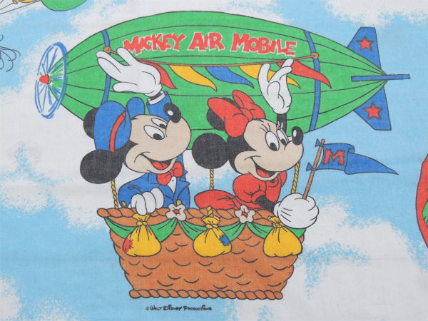 【ミッキー&フレンズー】ディズニー・空を飛ぶ飛行船・ヴィンテージ・ユーズドシーツ(フラットタイプ)