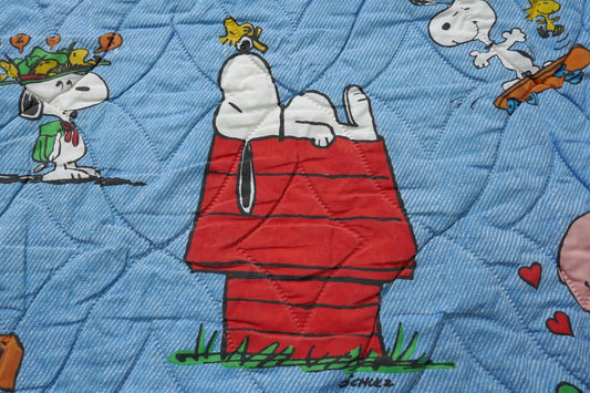 スヌーピー ピーナッツの仲間たち コミック デニム柄 キルティング ヴィンテージ ベッドスプレッド ベッドカバー 大判サイズ USA