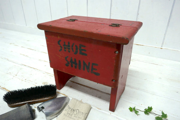 1960's SHOE SHINE 木製 脚付き 赤色 ヴィンテージ シューシャインボックス シューケア 靴磨き道具入れ ブラシ付き USA