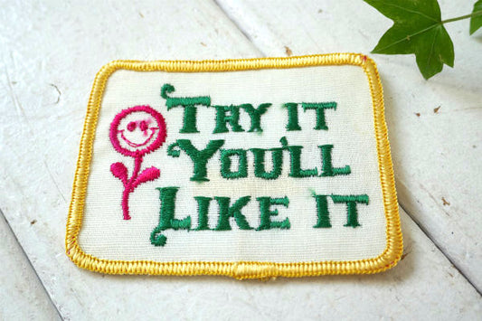 スマイル ニコちゃん フラワー TRI IT YOU'LL LIKE IT メッセージ・ヴィンテージ・ワッペン(刺繍ワッペン)・デッドストック